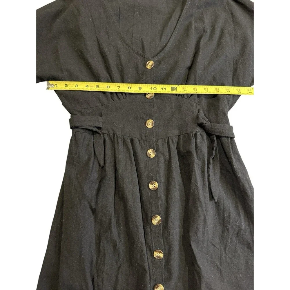 Womens Black Button Front Dress V Neck Tie Waist Short Sleeve Mini Large Classic - Picture 4 of 6
